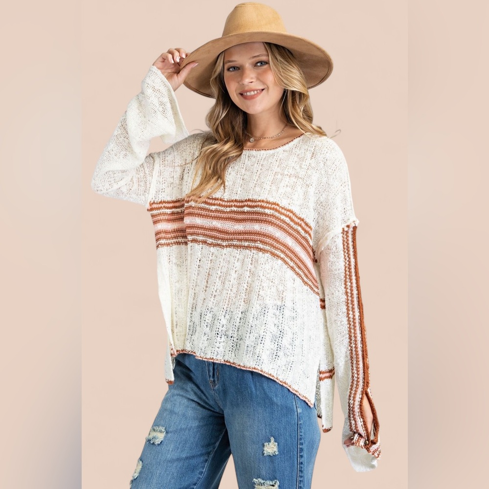 EASEL Cream Burgundy Striped Knit Pullover Sweater - Picture 6 of 7